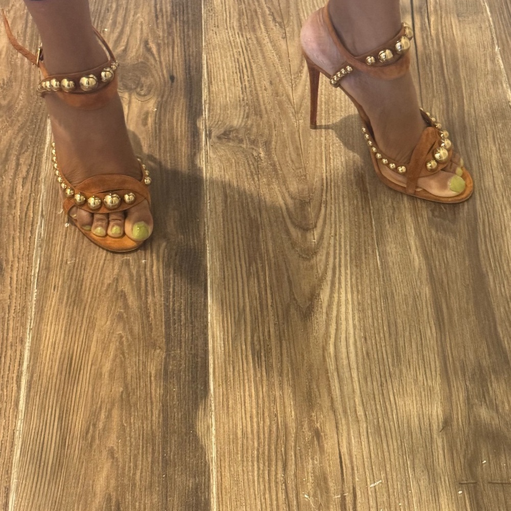 Christian Louboutin brown suede, gold stud 100 mm heels